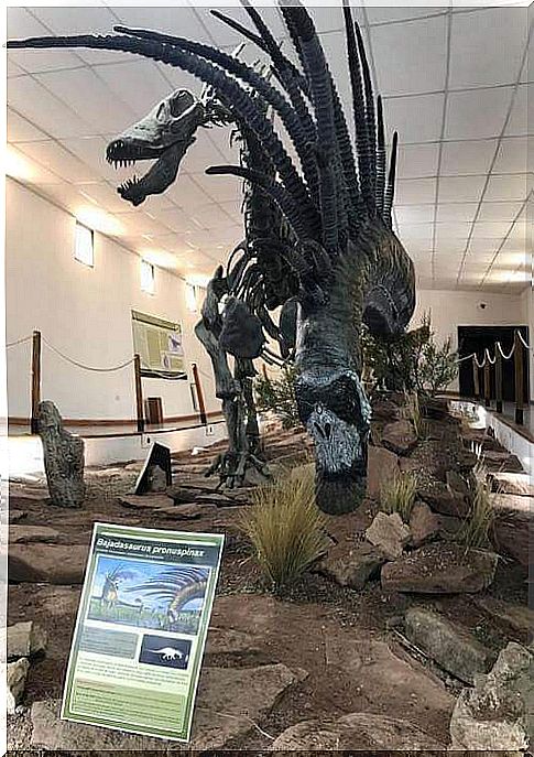 Scheletro di un dinosauro con le spine giganti esposto in un museo.